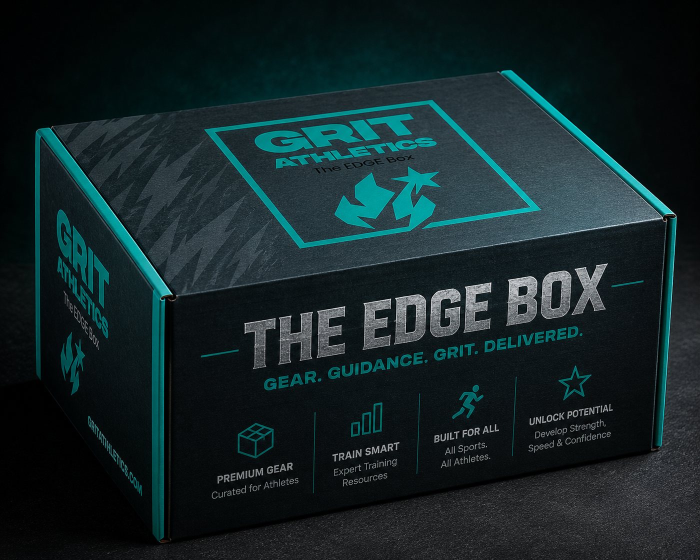 The Grit Athletics EDGE Box: a charcoal shipping box printed in teal with the Grit Athletics logo and the words The EDGE Box.