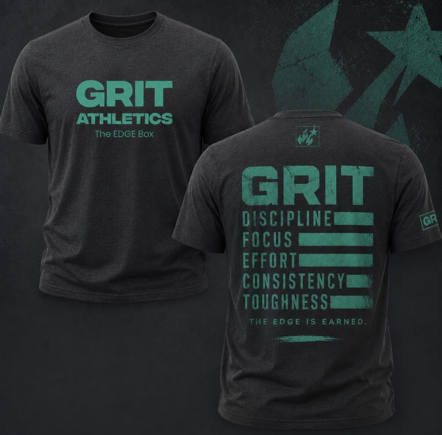 Grit Athletics t-shirt. Front: Grit Athletics, The EDGE Box. Back: GRIT, Discipline, Focus, Effort, Consistency, Toughness, The EDGE is earned.